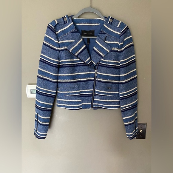 NWT BCBG MAXAZRIA Novak Striped Textured Moto Blazer Jacket Cotton Blend Sz XXS - Picture 7 of 13